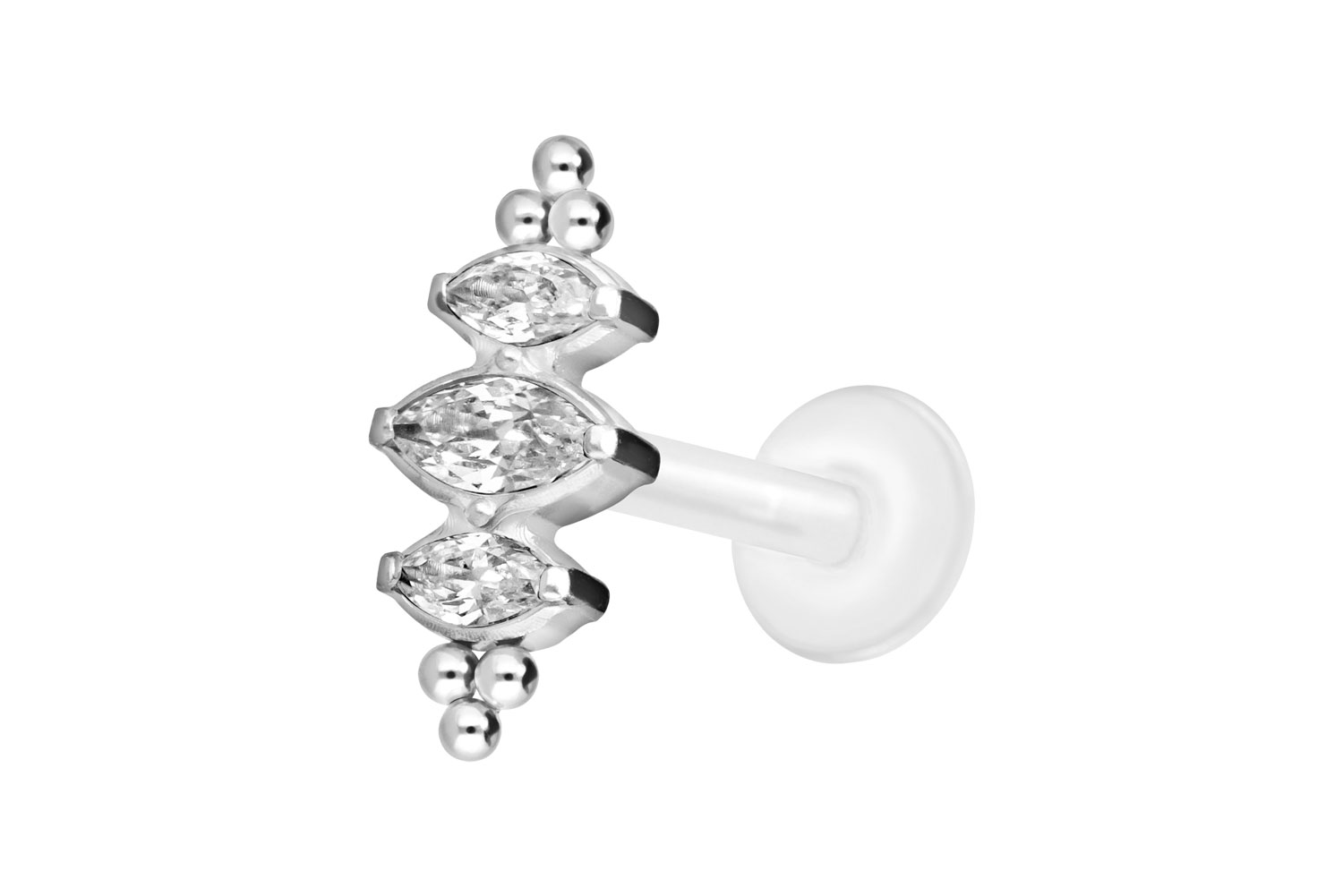 PTFE Labret Piercing mit Innengewinde + Titan-Aufsatz 3 KRISTALLTROPFEN + KUGELN
